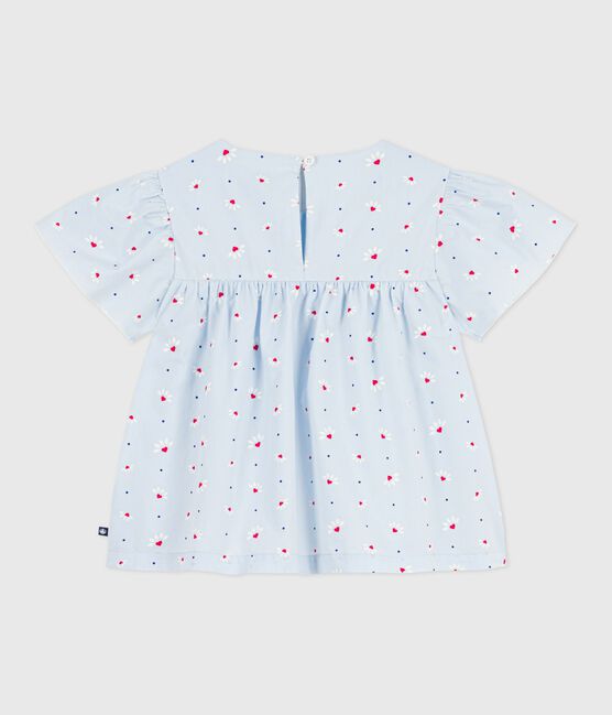 Blouse enfant en popeline de coton manches courtes imprimée bleu FRAICHEUR/blanc MULTICO