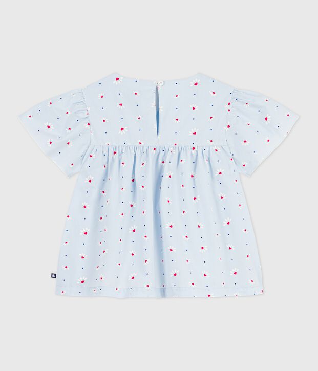 Blouse enfant en popeline de coton manches courtes imprim&eacute;e bleu/multicouleur