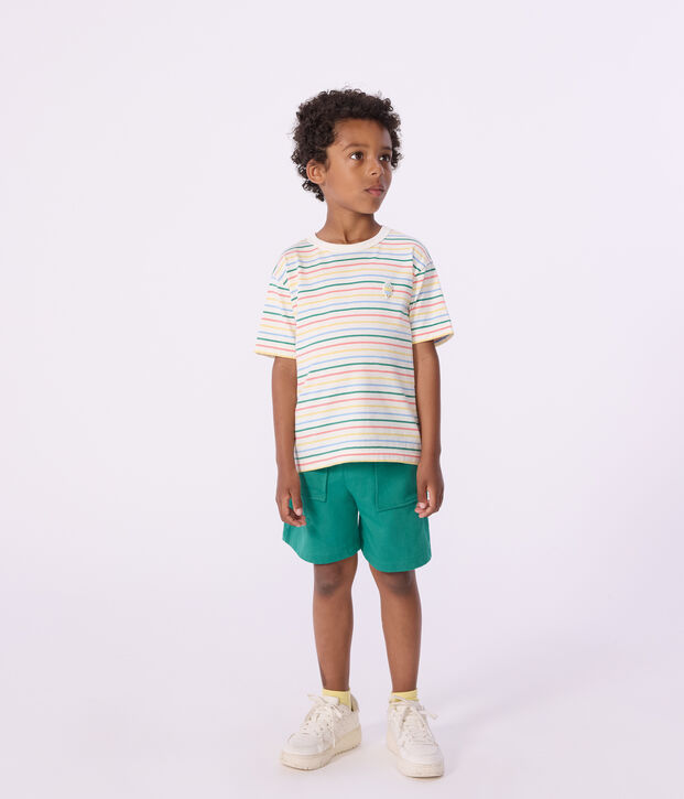Tee-shirt enfant manches courtes en coton &agrave; rayures blanc/multicouleur