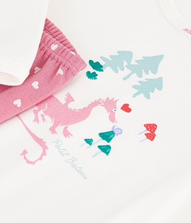 Pyjama enfant en coton &agrave; motif dragons rose/blanc