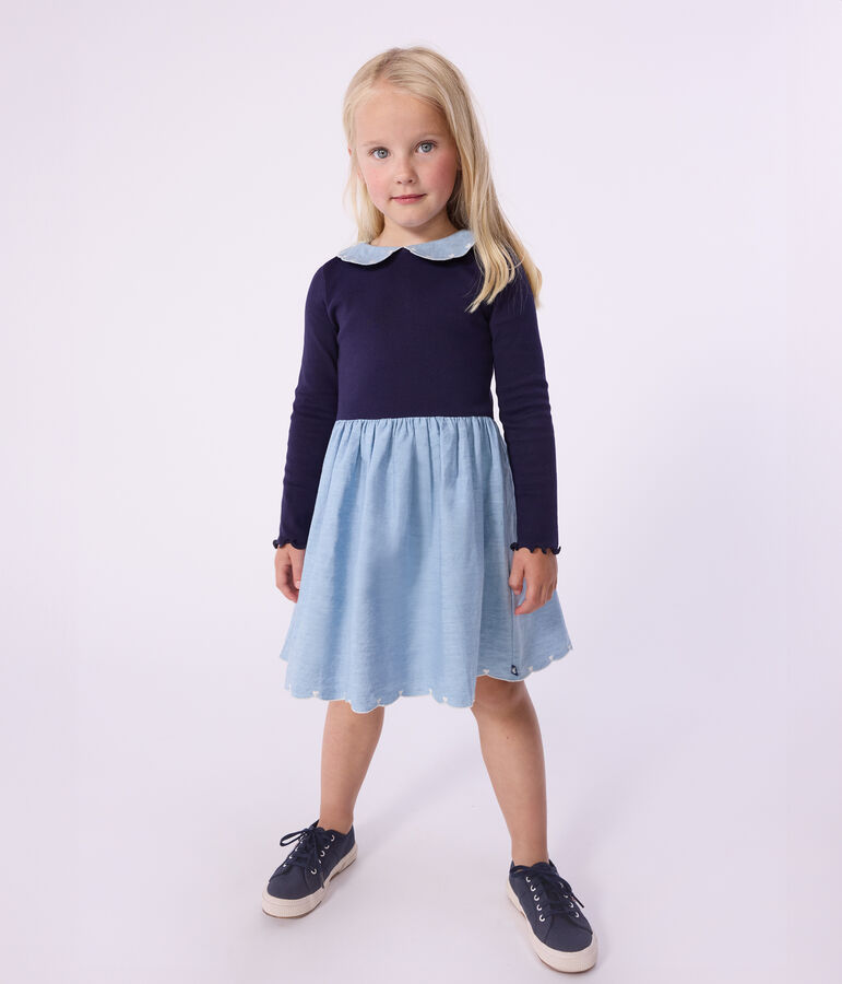 Katoenen kinderjurk met lange mouwen in twee materialen blauw SOIR