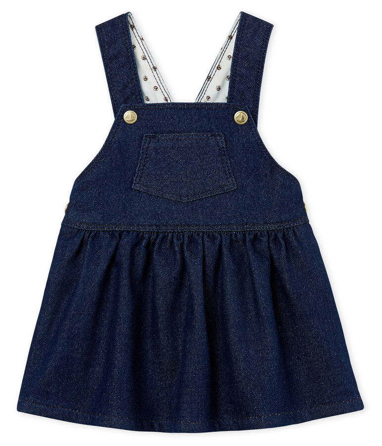 Robe salopette b&eacute;b&eacute; fille en maille effet denim bleu/beige