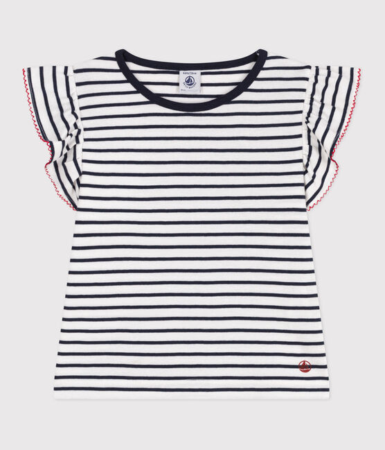 Teeshirt enfant en coton manches courtes à rayures blanc MARSHMALLOW/bleu SMOKING