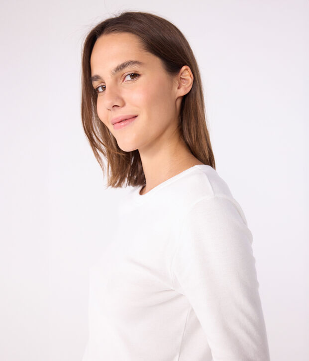 L'Iconique, T-shirt met lange mouw van effen ribstof voor dames wit