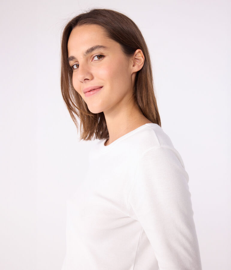 L'Iconique, T-shirt met lange mouw van effen ribstof voor dames wit
