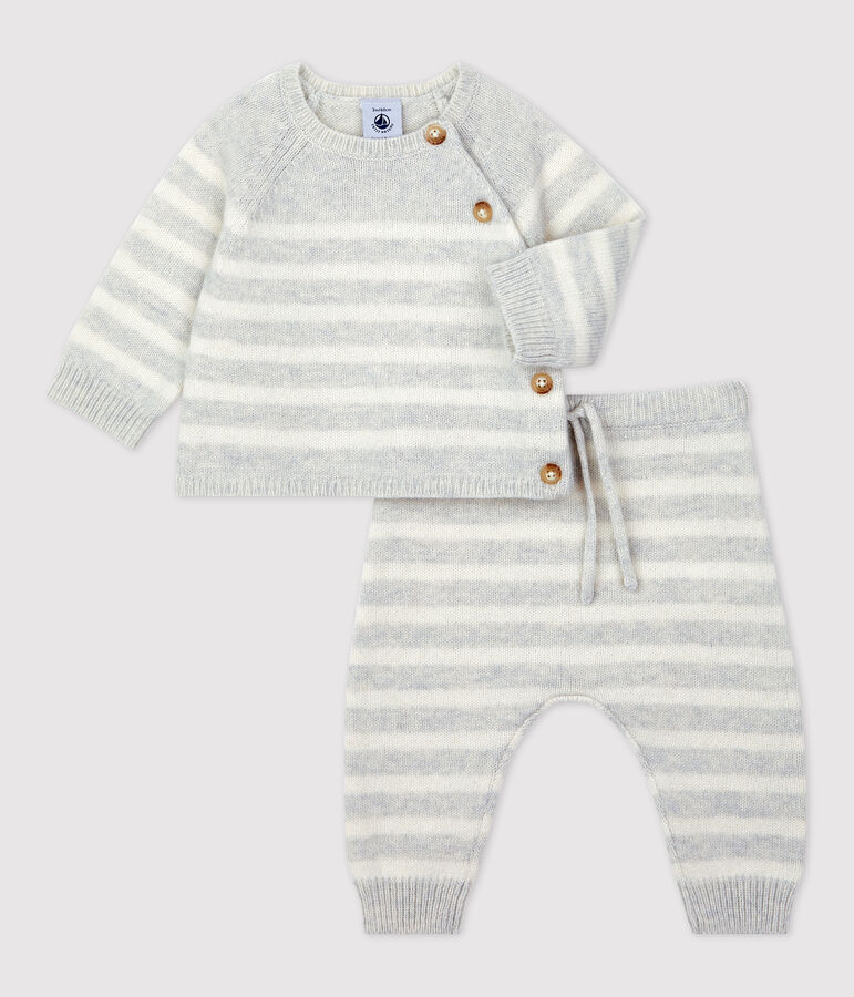 Ensemble 2 pi&egrave;ces ray&eacute; en tricot b&eacute;b&eacute; beige/blanc