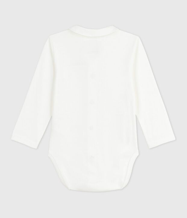 Babybody met geborduurd kraagje en opschrift op de borst wit/blauw