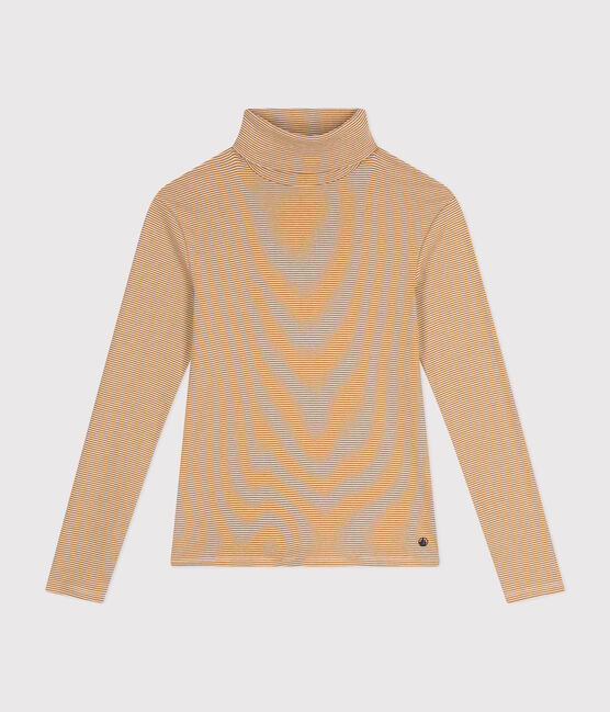 Tee-shirt col roulé L'ICONIQUE en coton Femme marron CUIVRE/ MARSHMALLOW