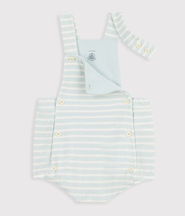 Gestreept babyspeelpakje van katoenen badstof blauw/ecru