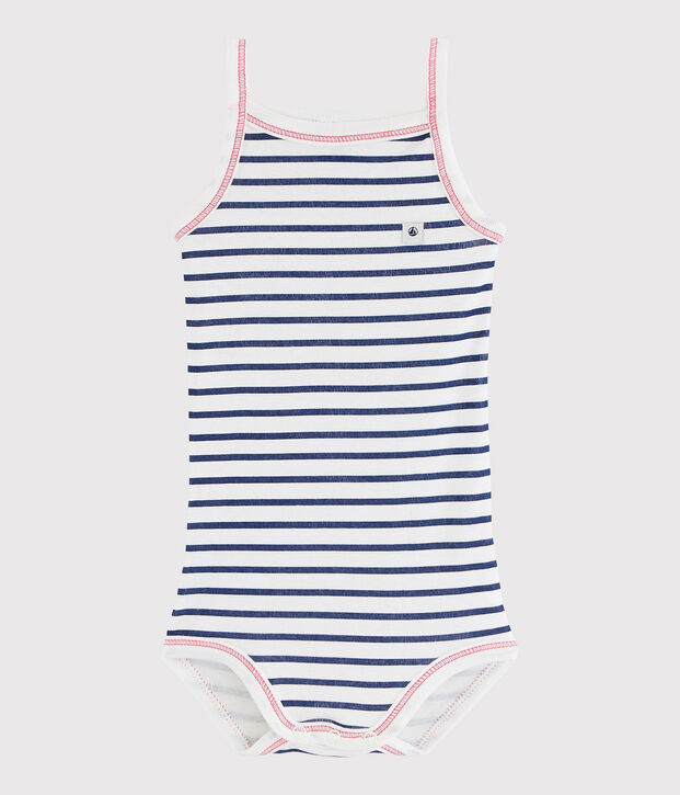 Body &agrave; bretelles b&eacute;b&eacute; fille blanc/bleu