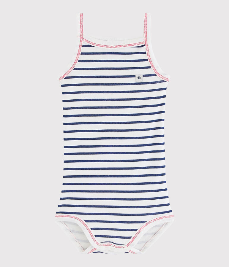 Rompertje met schouderbandjes baby meisje wit MARSHMALLOW/blauw MEDIEVAL