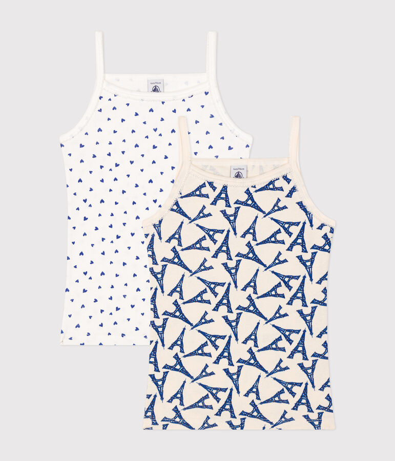 Setje van twee katoenen kinderhemdjes met smalle schouderbandjes in het thema Parijs multicouleur