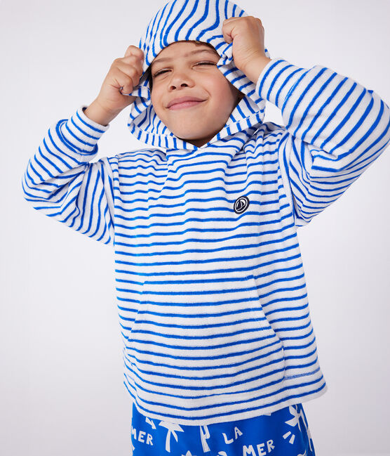 Uniseks sweatshirt met kap en streepjes van katoenen badstof voor kinderen blauw MARSHMALLOW/ PORCELANA