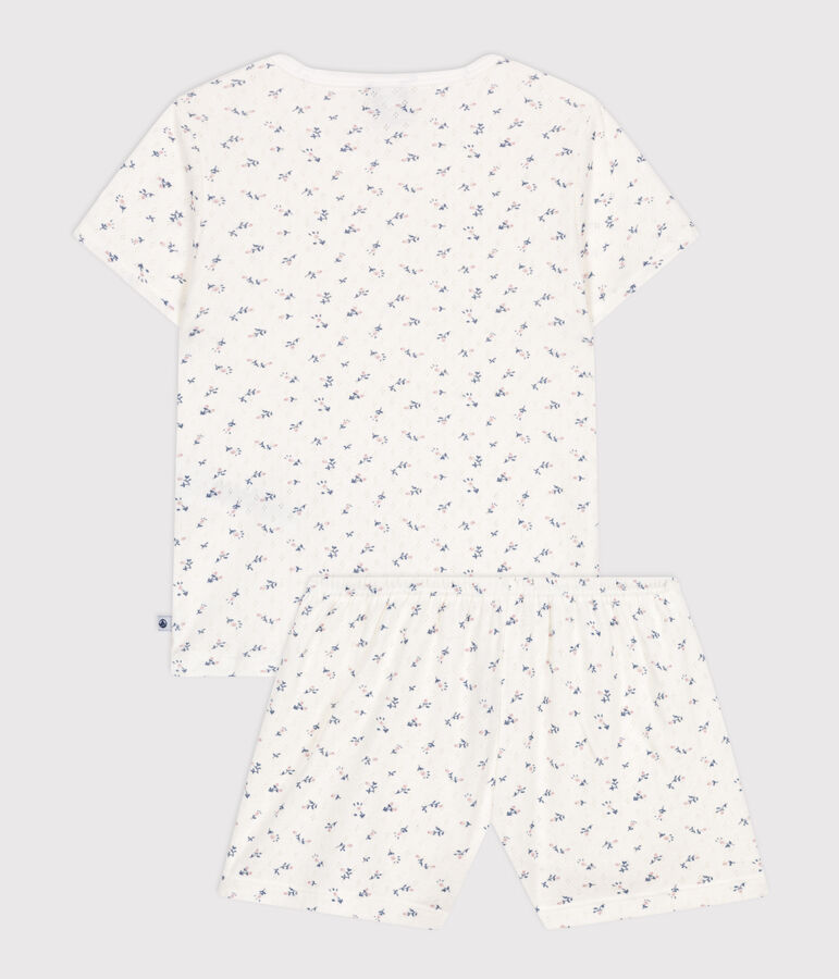 Pyjama short enfant en coton ajour&eacute; imprim&eacute; fleurs blanc/multicouleur