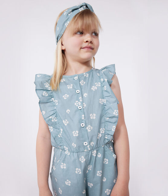 Combinaison enfant en coton sans manche fleurie bleu PAUL/blanc MARSHMALLOW
