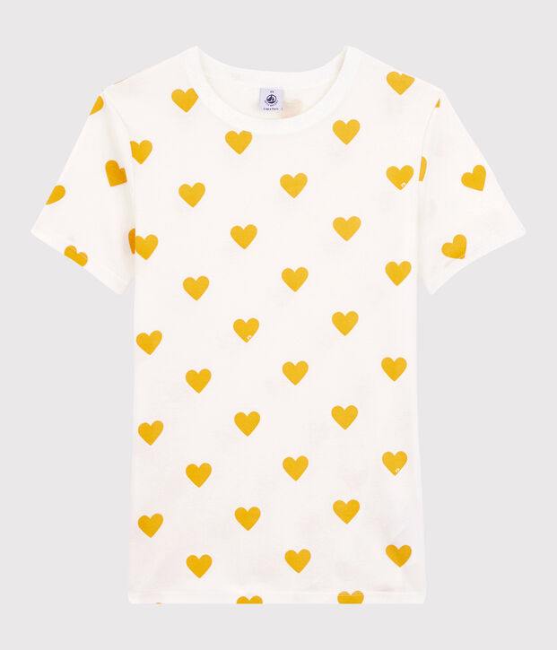 Katoenen Dames t-shirt met ronde hals en hartjes wit/geel