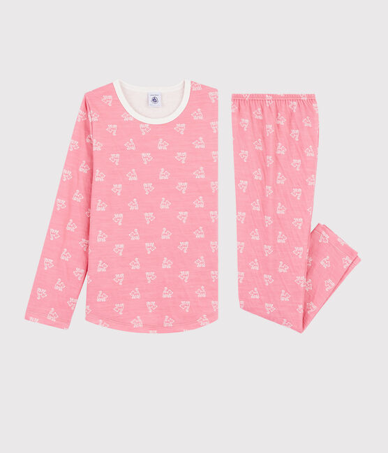 Jacquard meisjespyjama van wol en katoen met katten roze CHEEK/wit MARSHMALLOW