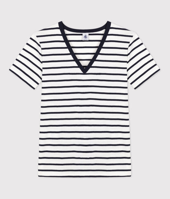 L'ICONIQUE, dames-T-shirt met V-hals in katoen wit MARSHMALLOW/blauw SMOKING