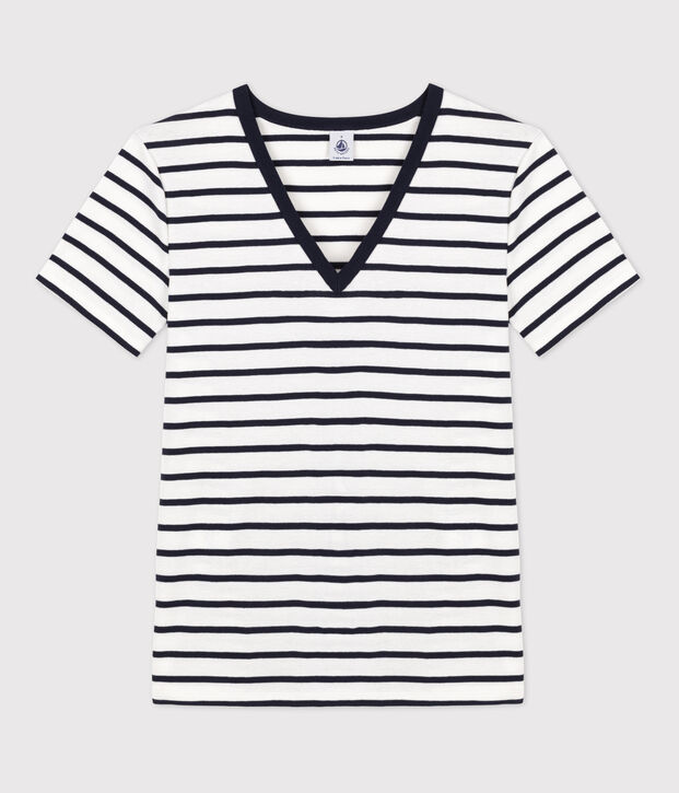 L'ICONIQUE, dames-T-shirt met V-hals in katoen wit/blauw