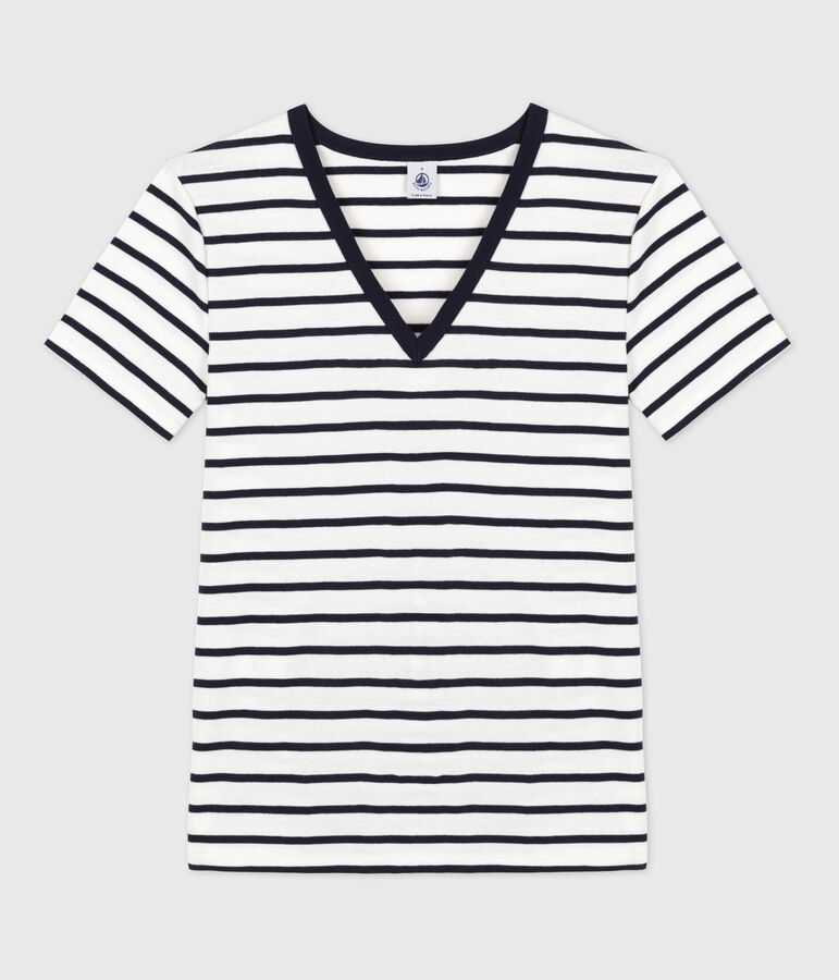 Tee-shirt L'ICONIQUE col V en coton Femme blanc/bleu