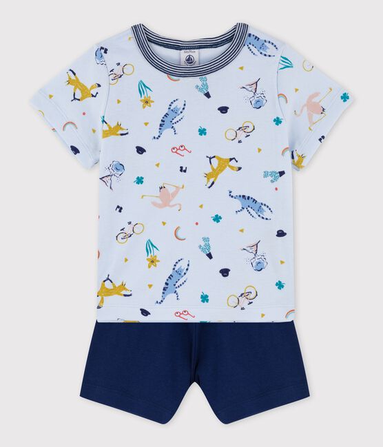 Korte katoenen pyjama met geprinte yoga dieren voor jongens blauw FRAICHEUR/wit MULTICO
