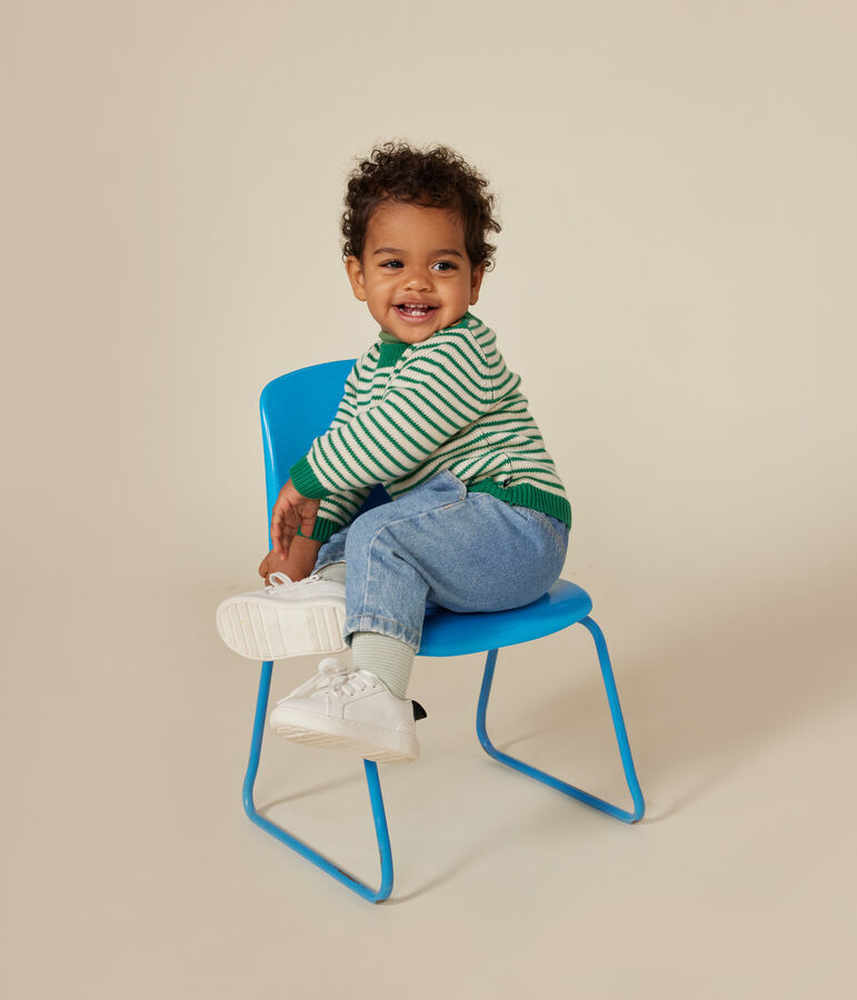 Pull en tricot de laine et coton b&eacute;b&eacute; vert/&eacute;cru