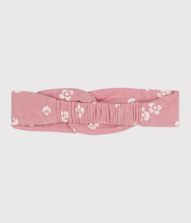 Bandeau b&eacute;b&eacute; en gaze de coton imprim&eacute; fleurs rose/blanc