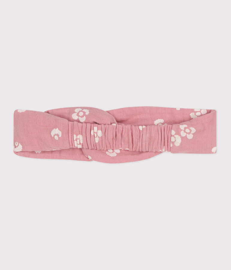 Babyhoofdband van katoenen gaas met bloemenprint roze/wit