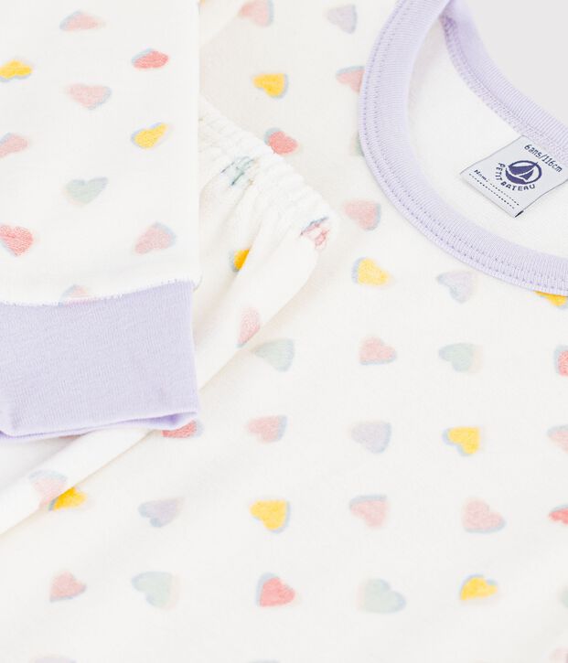 Pyjama enfant en velours &agrave; c&oelig;urs blanc/multicouleur