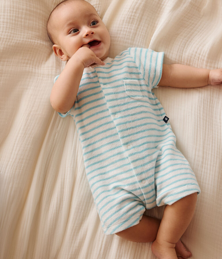 Kort gestreept babypakje van katoenen badstof wit/blauw