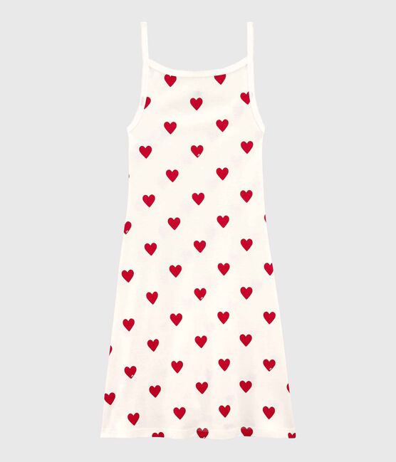 Katoenen Damesjurk met spaghettibandjes en hartjes wit MARSHMALLOW/rood TERKUIT