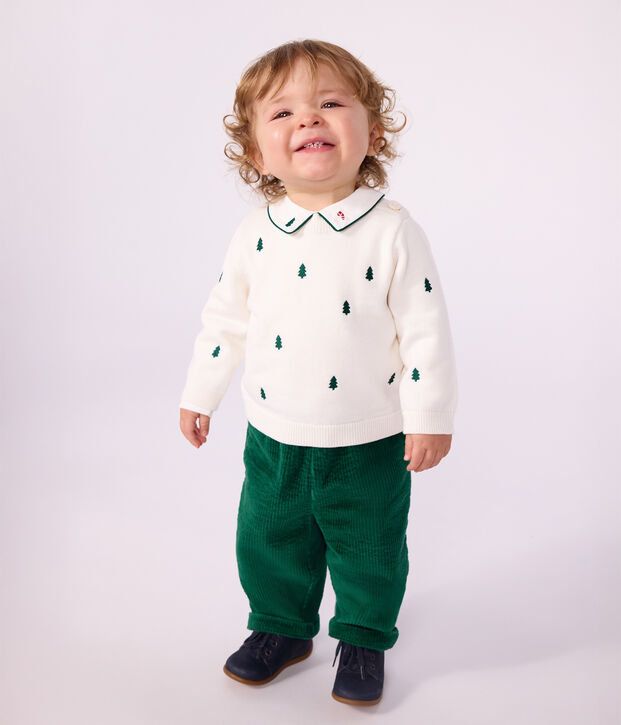 Pull b&eacute;b&eacute; en laine et coton et sapins brod&eacute;es &eacute;cru/vert