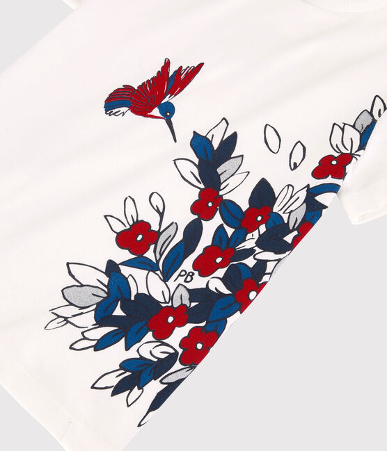 Tee-shirt manches courtes en coton enfant fille blanc MARSHMALLOW/rouge TERKUIT