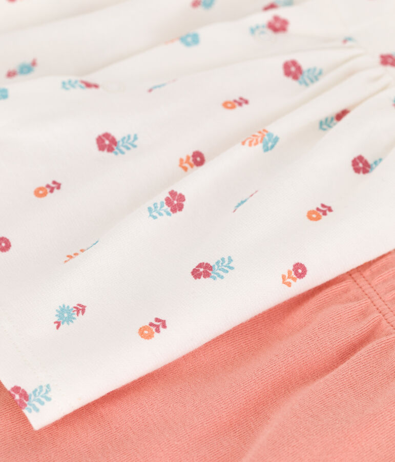 Tweedelig katoenen geboortesetje met bloesje met ruche wit/multicouleur