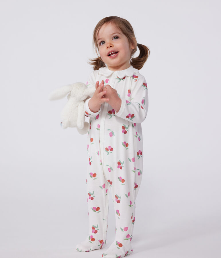 Katoenen babypyjama met golvend kraagje en vruchtenprint wit/multicouleur