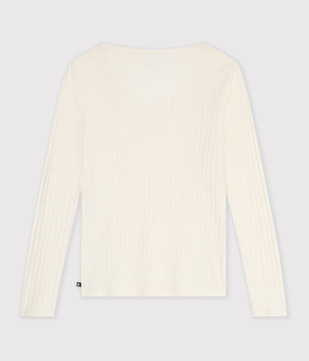 Tee-shirt col danseuse femme en laine et coton uni blanc cass&eacute;