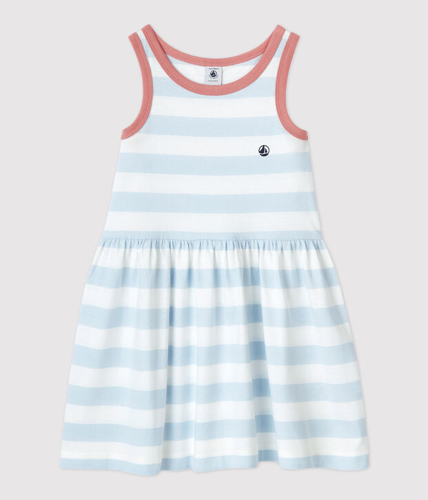 Robe ray&eacute;e sans manche en coton enfant fille bleu/blanc