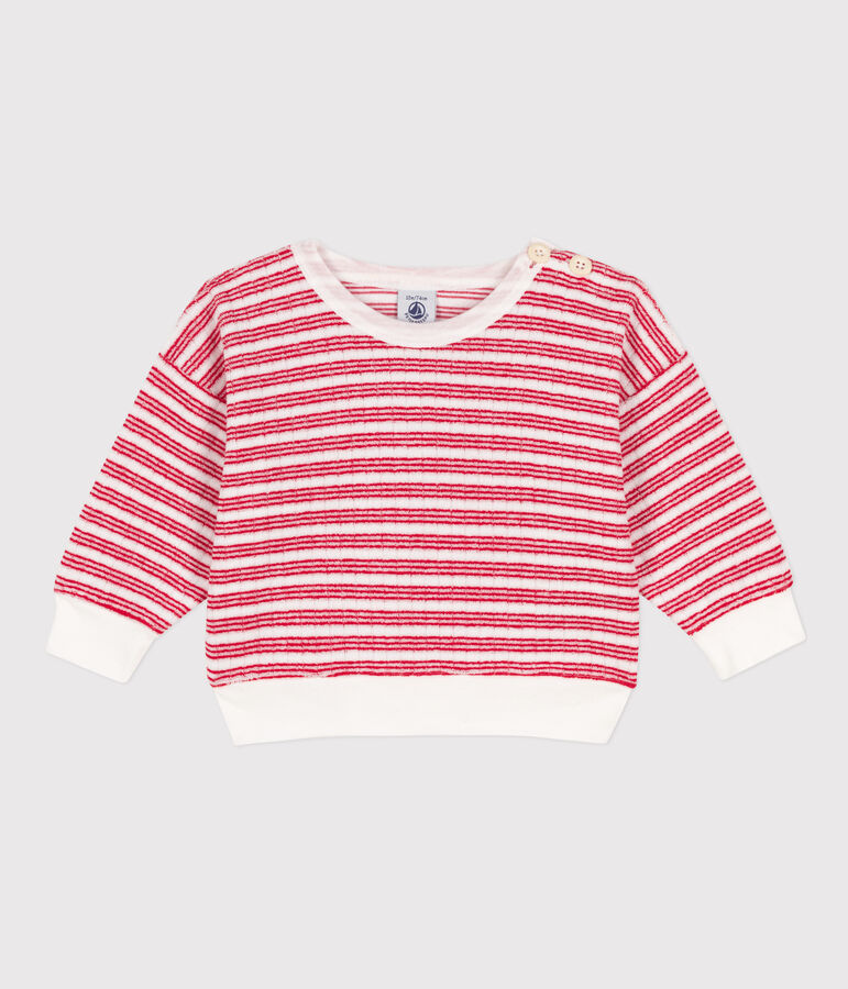 Sweatshirt b&eacute;b&eacute; en bouclette &eacute;ponge ray&eacute;e blanc/rouge