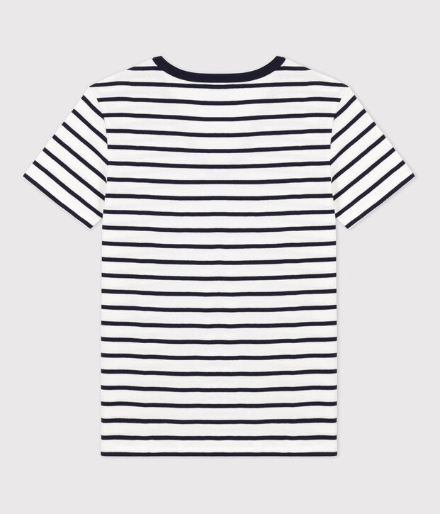 L'ICONIQUE, dames-T-shirt met V-hals in katoen wit/blauw