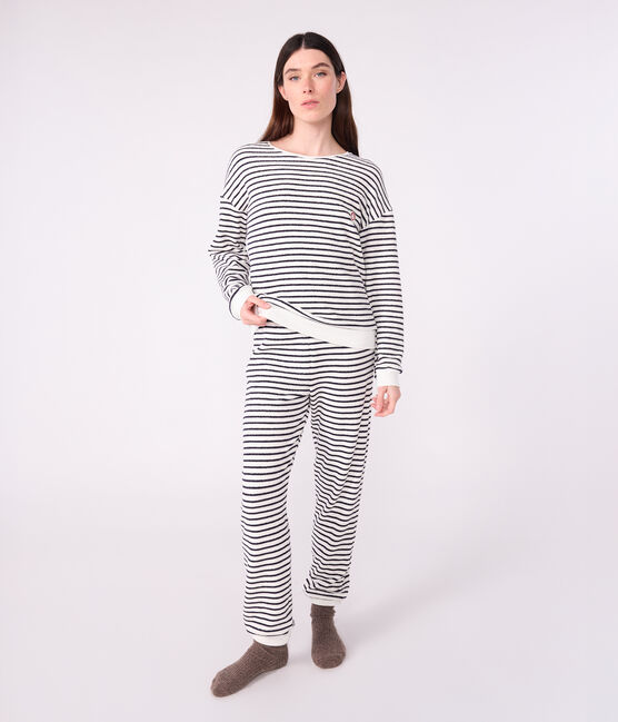 Pyjama femme en coton éponge à rayures bleu MILK/ SOIR