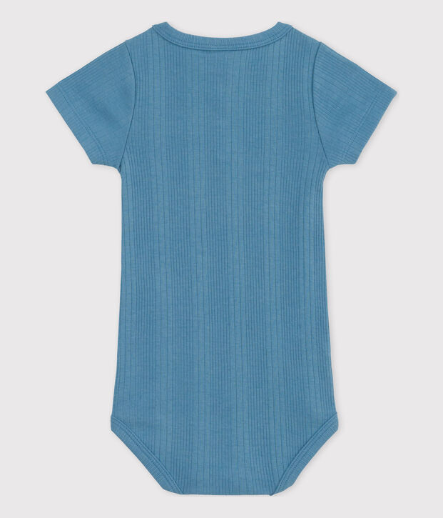 Body manches courtes col tunisien en coton b&eacute;b&eacute; bleu
