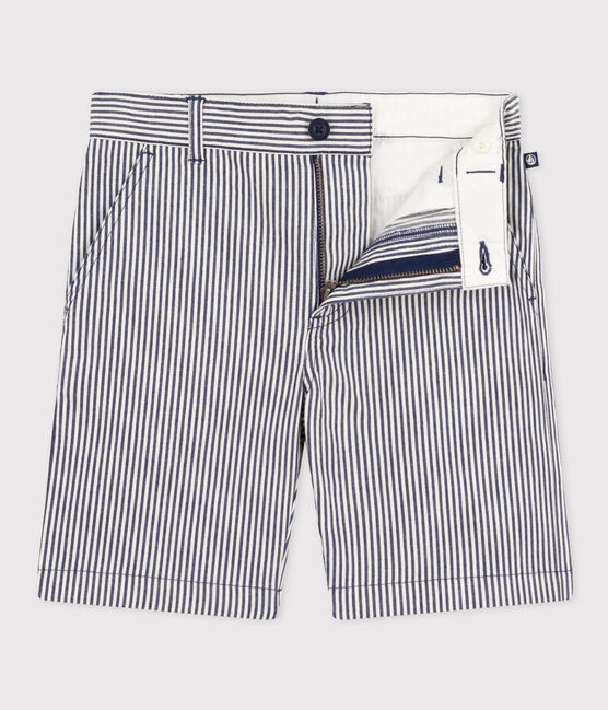 Gestreepte jongensbermuda in katoenlinnen blauw MEDIEVAL/wit MARSHMALLOW