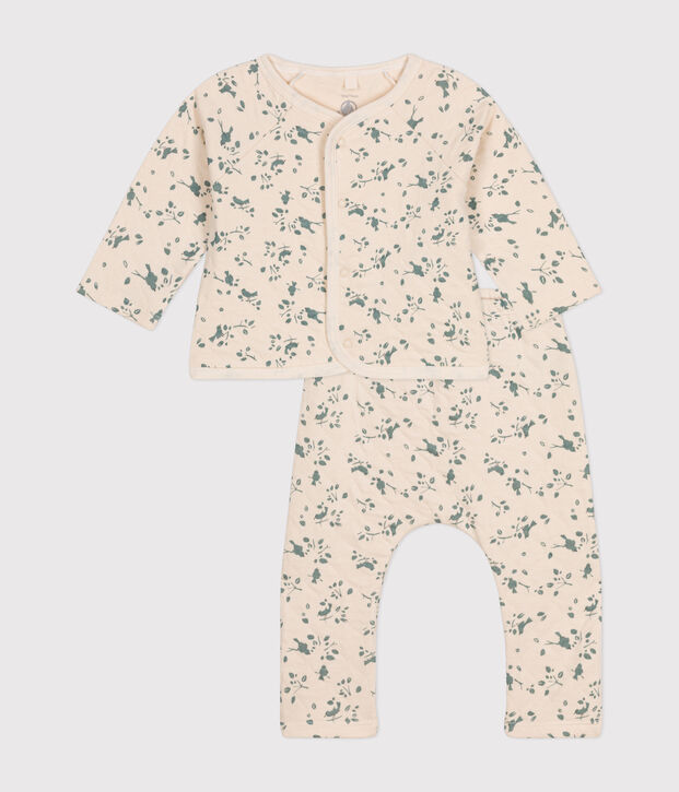 Ensemble 2 pi&egrave;ces en tubique matelass&eacute; b&eacute;b&eacute; &eacute;cru/vert