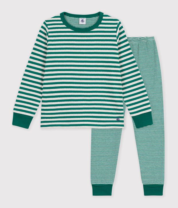 Gestreepte kinderpyjama in tubic groen/beige