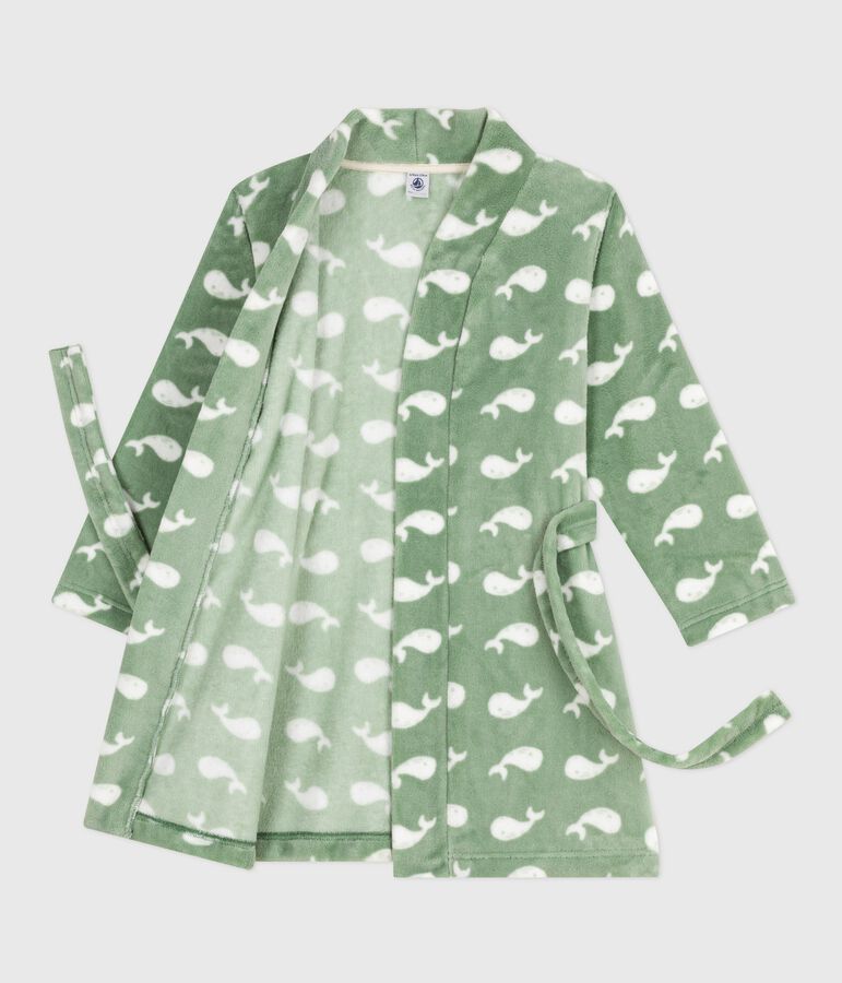Robe de chambre enfant en polaire imprim&eacute; vert/blanc