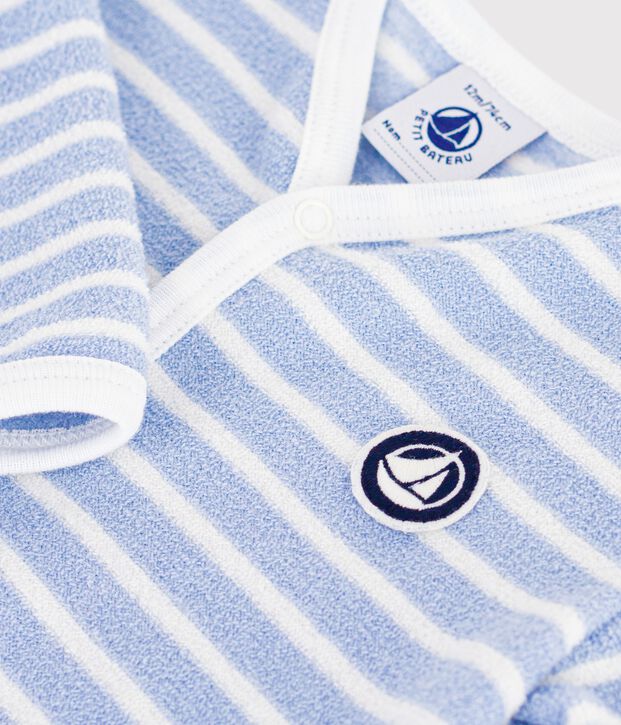 Pyjama b&eacute;b&eacute; en coton &eacute;ponge sans pieds &agrave; rayures bleu/&eacute;cru