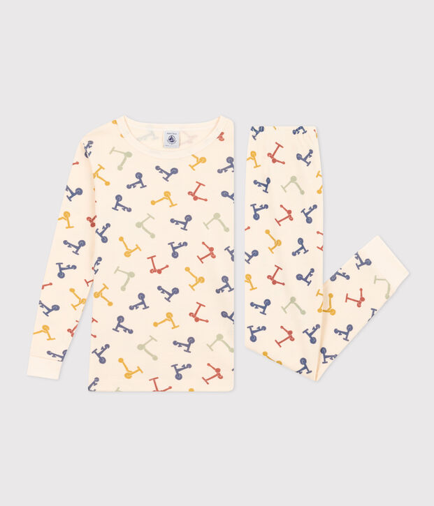 Aansluitende katoenen kinderpyjama met print van een stepje ecru/multicouleur