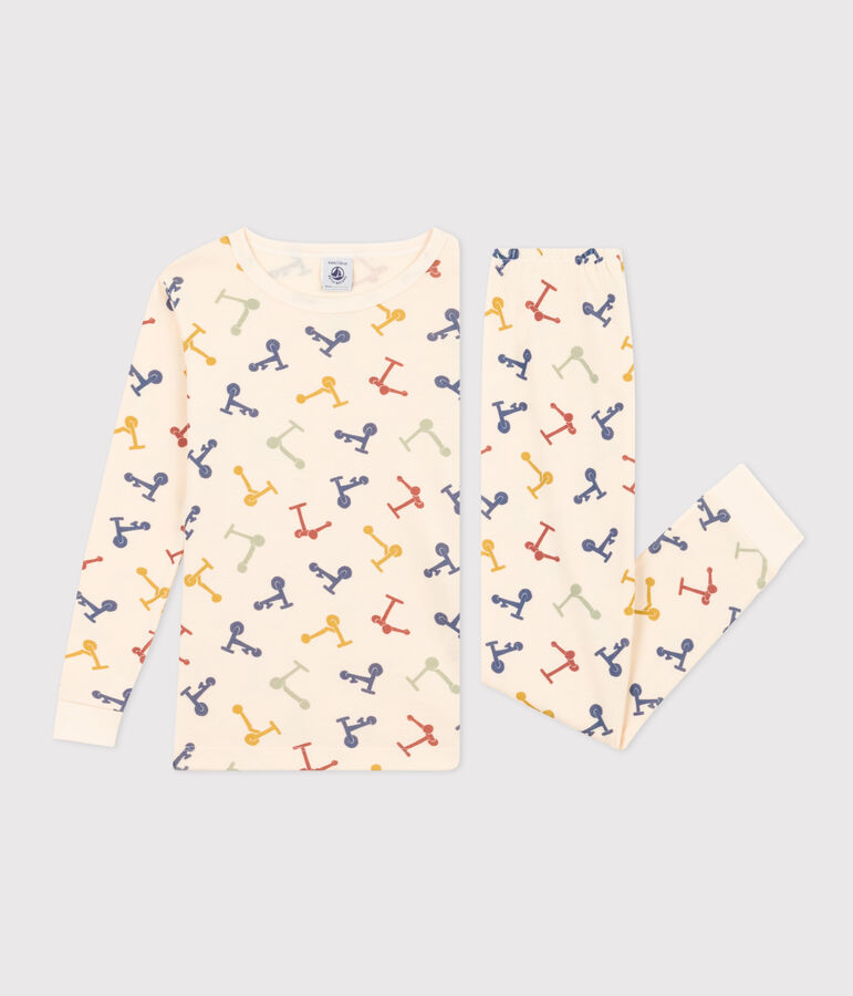 Aansluitende katoenen kinderpyjama met print van een stepje ecru/multicouleur