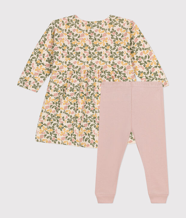 Robe manches longues en tubique et legging en coton b&eacute;b&eacute; &eacute;cru/multicouleur
