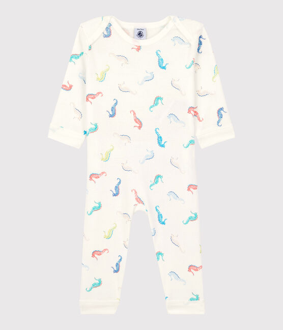 Katoenen zeepaardjes babypyjama zonder drukknopen voor baby's wit MARSHMALLOW/wit MULTICO